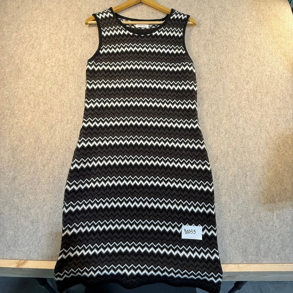 Calvin Klein Womens Black‎ Gray White Chevron Zigzag Sleeveless Sweater Dress M
